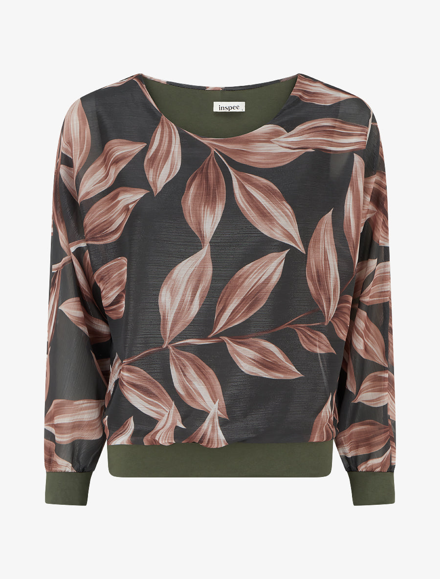 Blouse imprimé feuillage à détail irisé - Kaki foncé - 1
