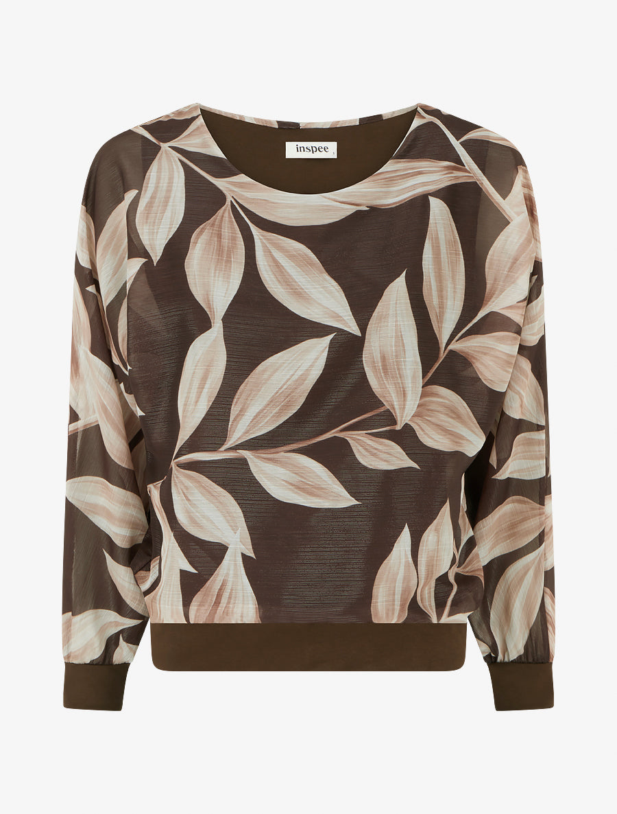 Blouse imprimé feuillage à détail irisé - Marron - 1