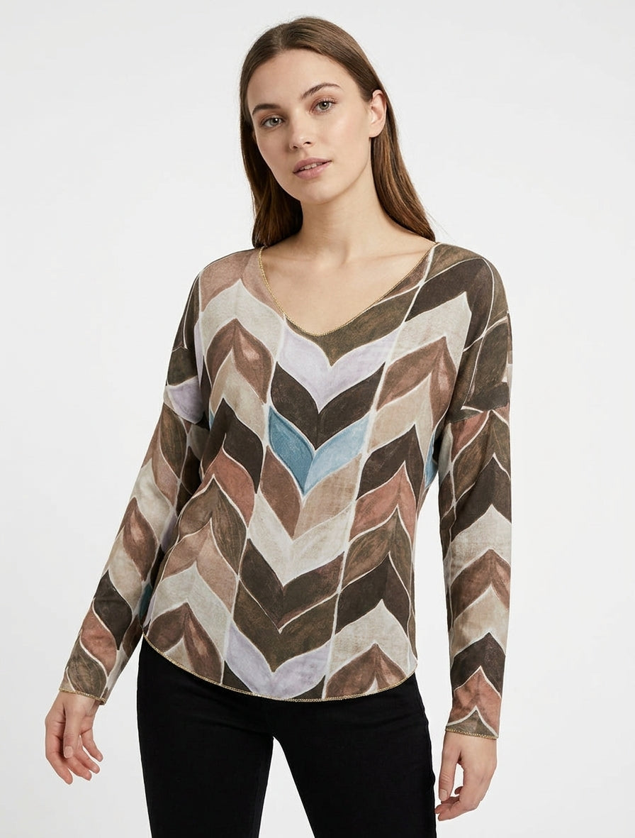 Maglione sottile stampato a fantasia chevron - Marrone