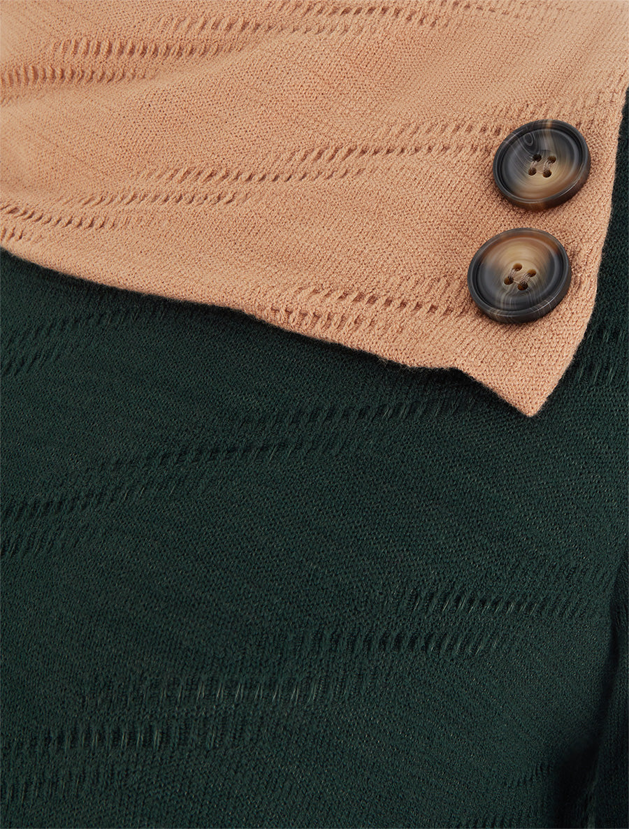 Pull texturé à col fantaisie boutonné - Vert foncé - 3