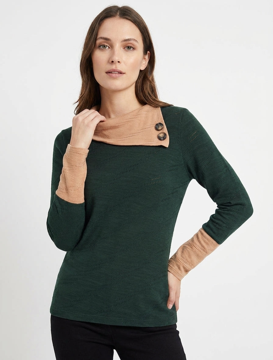 Maglione testurizzato con collo fantasia abbottonato. - Verde scuro