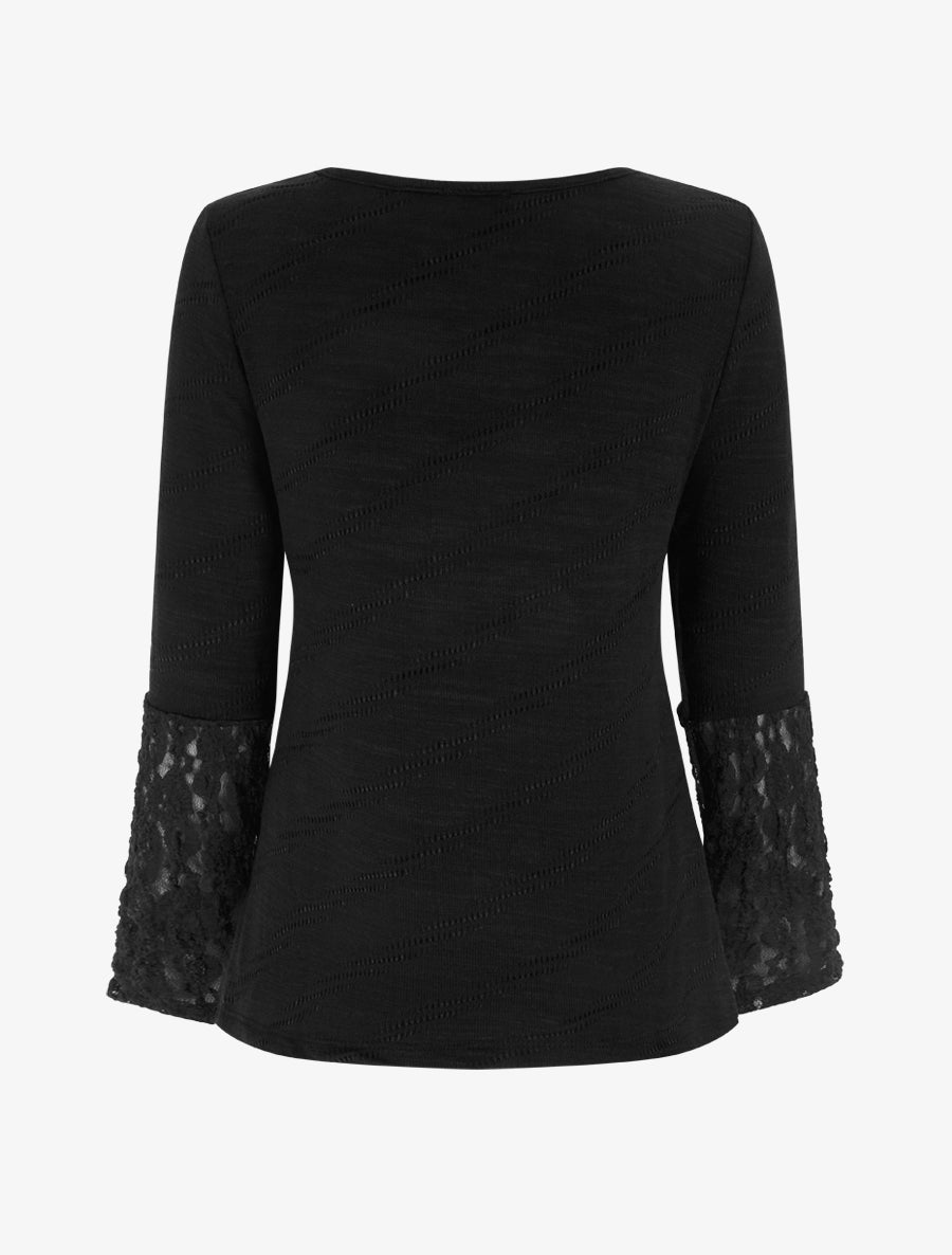 Pull droit à col et manches en dentelle - Noir - 2