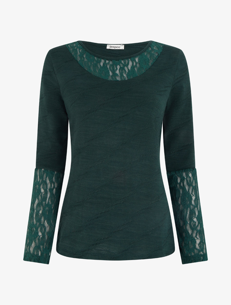 Pull droit à col et manches en dentelle - Vert foncé - 1