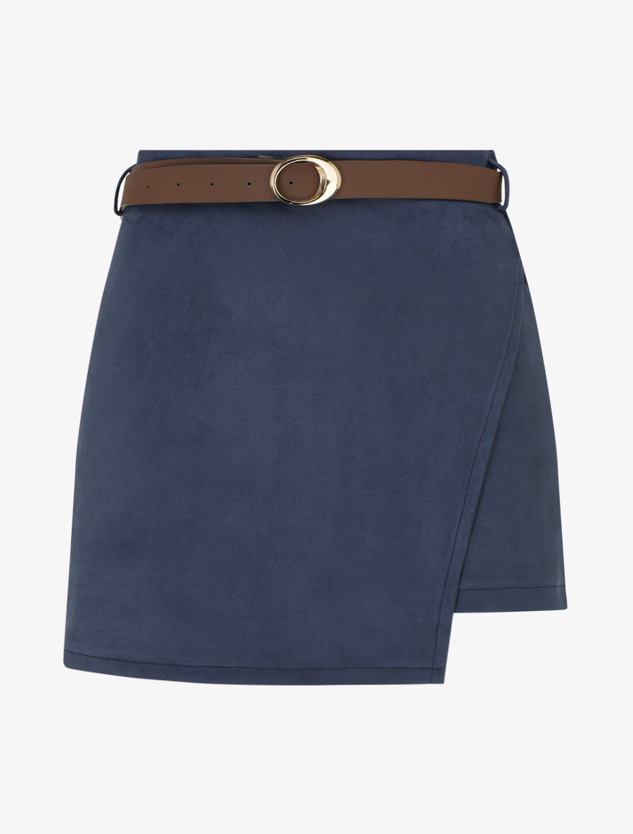 Jupe-short portefeuille en suédine à ceinture - Marine - 1
