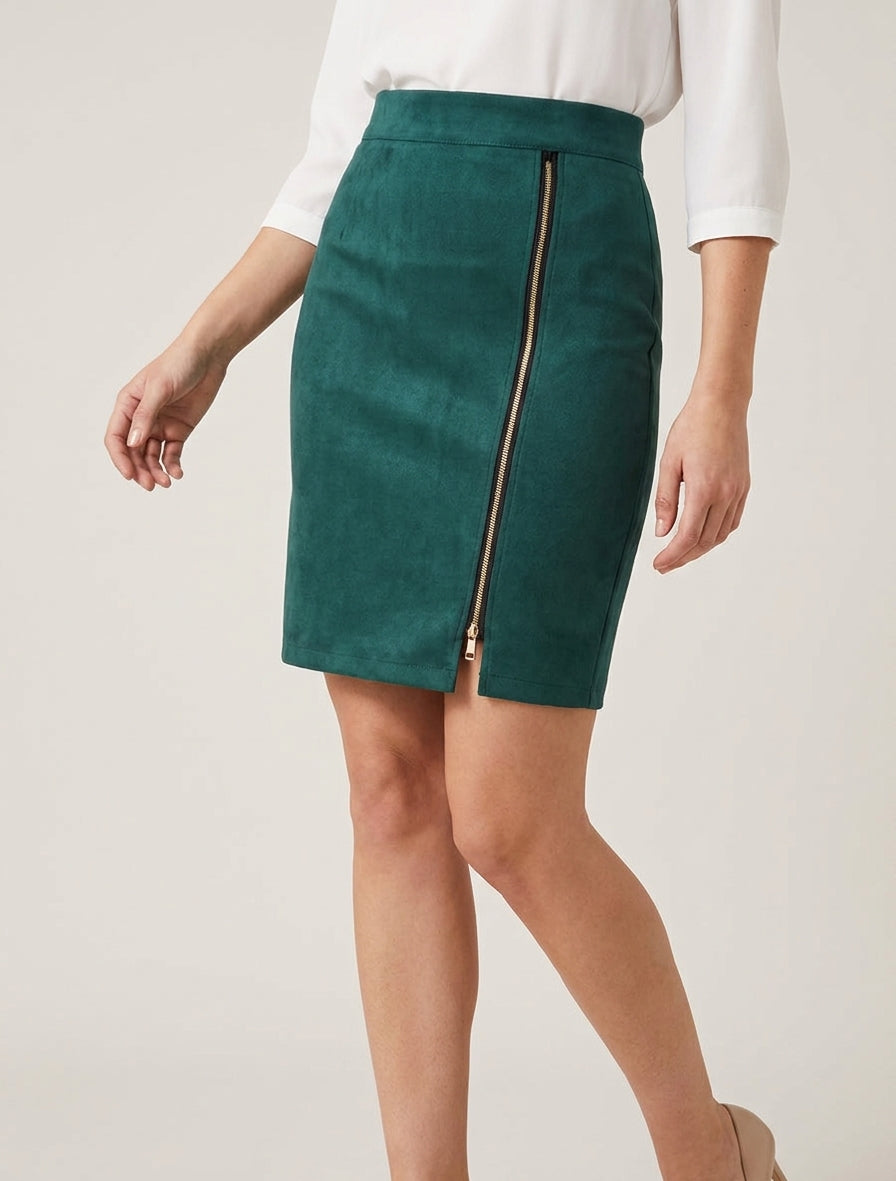 Gonna corta in scamosciato con zip decorativa. - Verde scuro
