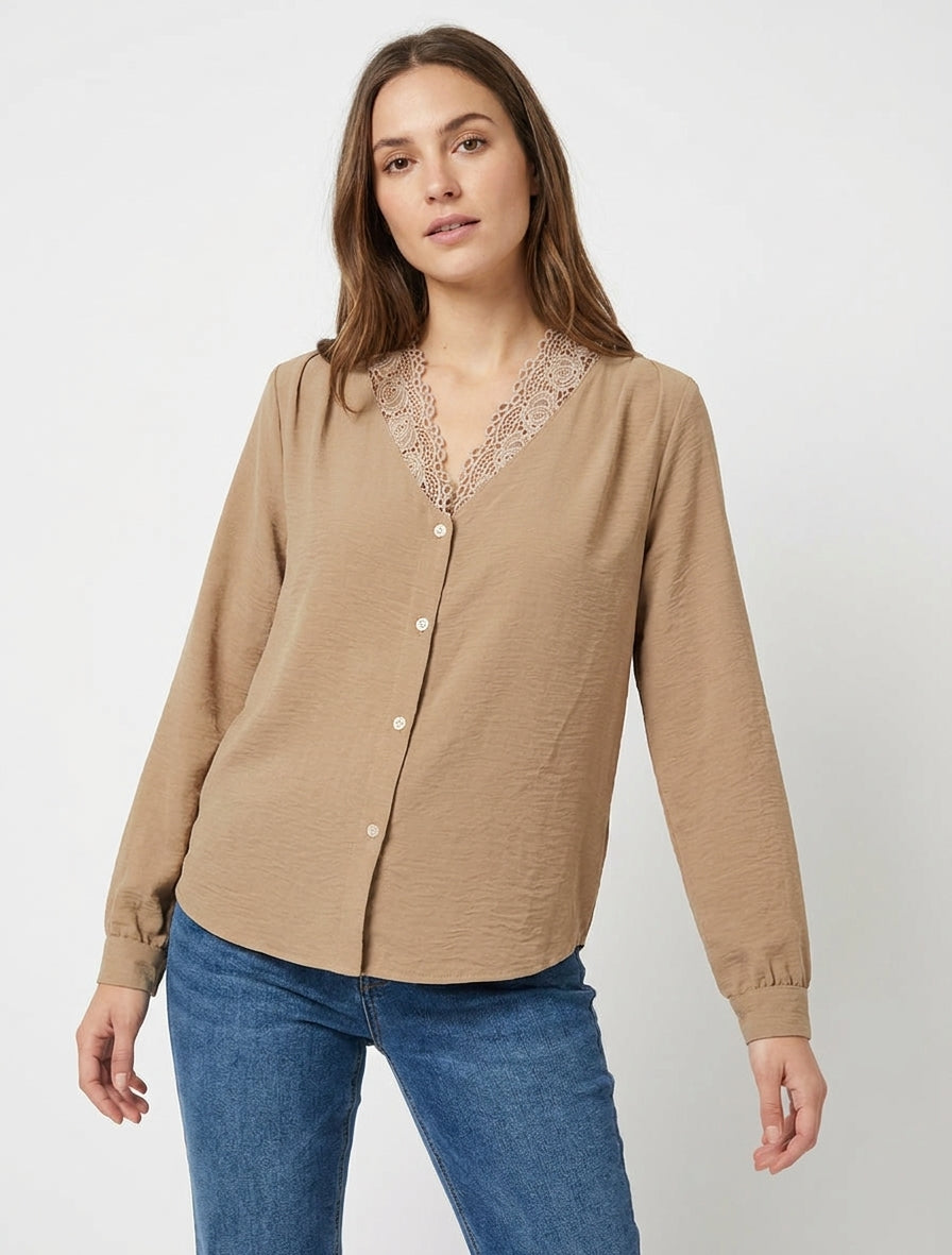 Blusa dritta con scollo a V in pizzo - Beige scuro