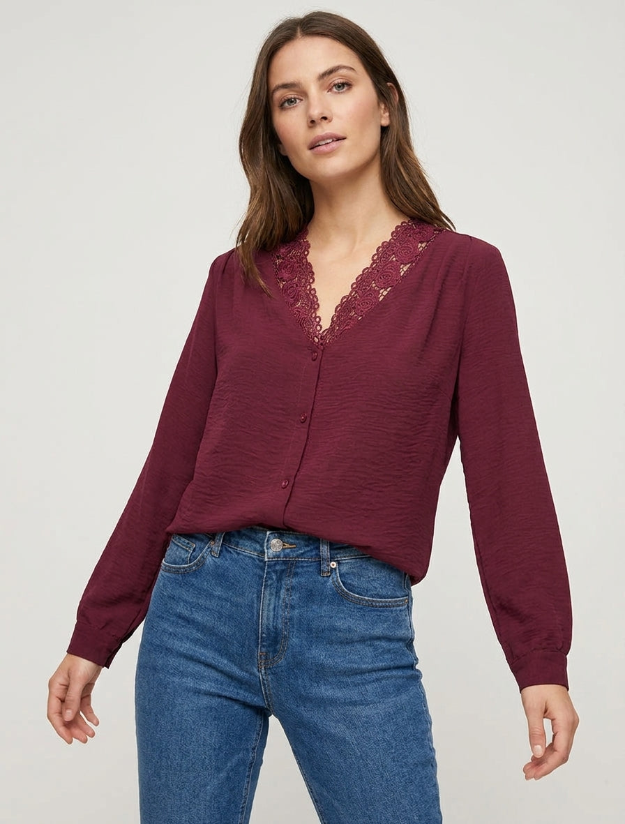 Blusa dritta con scollo a V in pizzo - Feccia di vino