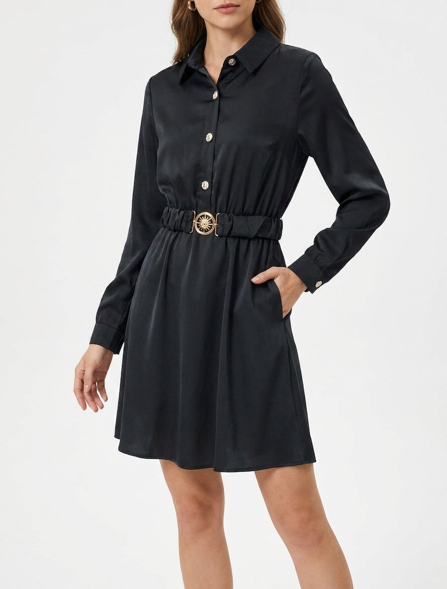 Abito satinato stile camicia a maniche lunghe - Nero