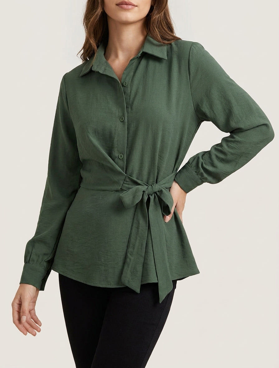 Top a maniche lunghe stile camicia da annodare - Cachi