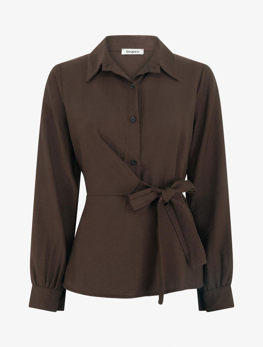 Top manches longues style chemise à nouer - Marron - 1