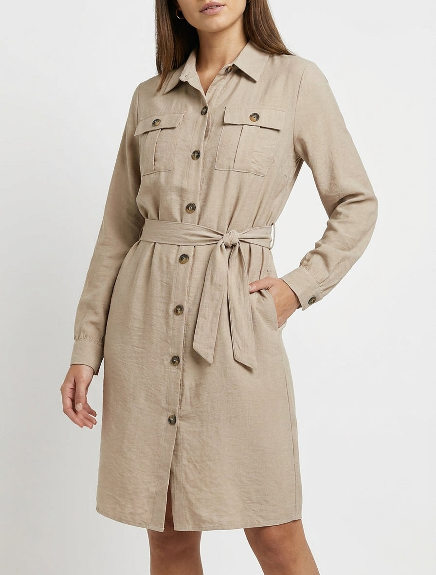 Abito camicia tinta unita da annodare - Beige