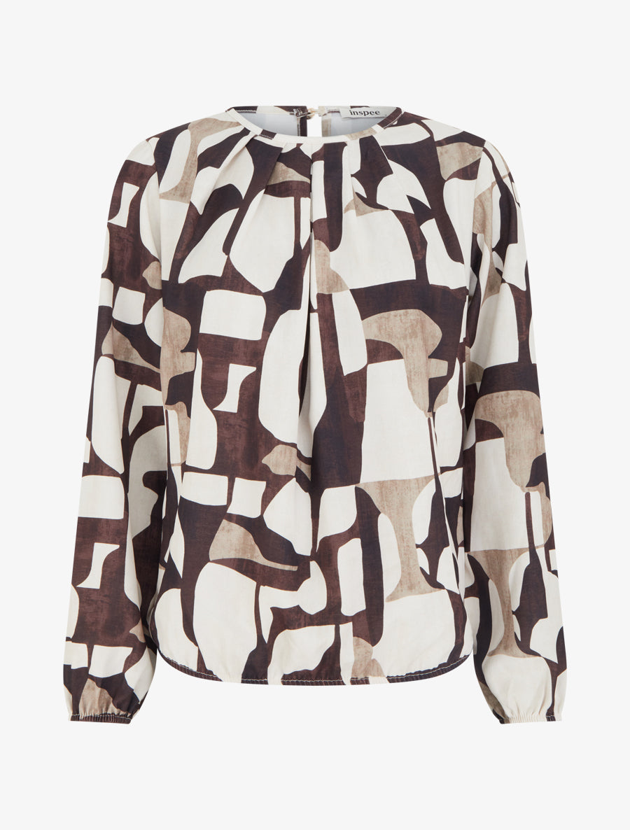 Blouse imprimé rétro à col rond - Marron - 1