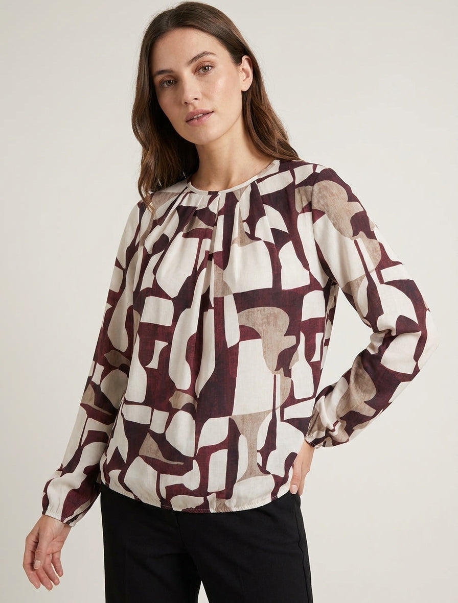 Blusa stampata retrò con collo rotondo - Bordeaux