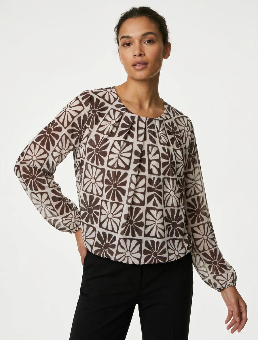 Top a maniche lunghe con stampa margherite - Marrone