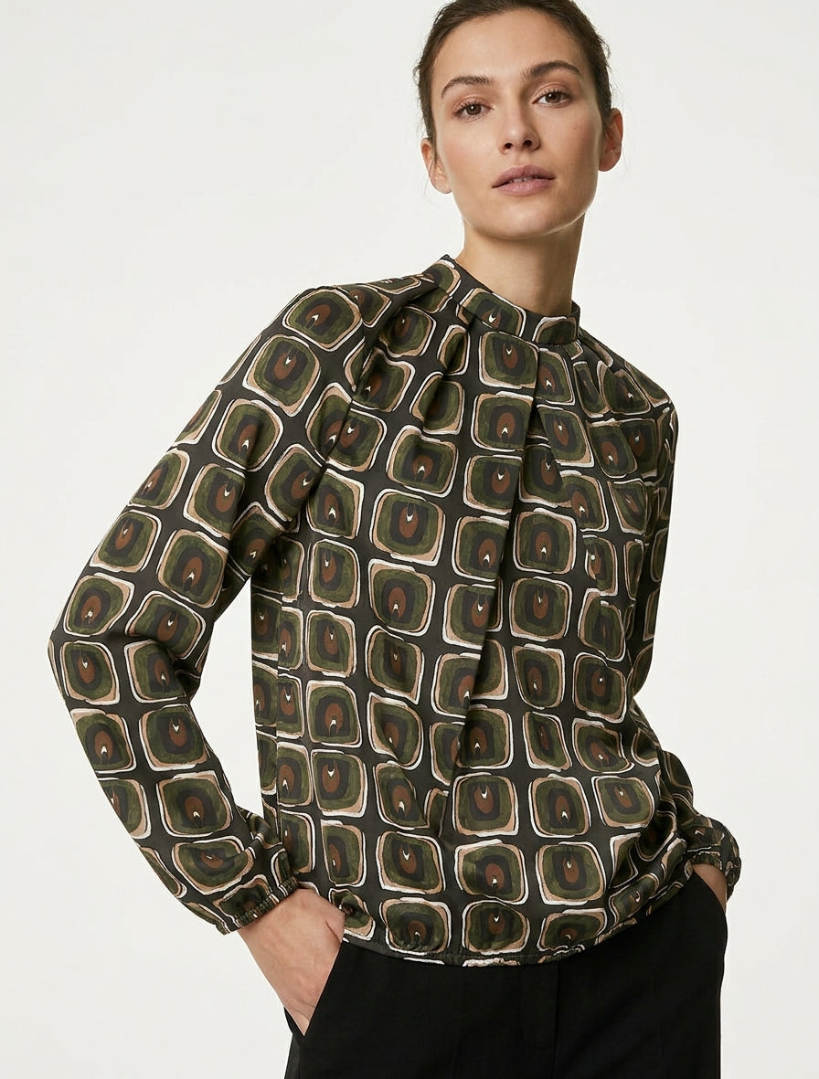 Blusa satinata stampata retrò - Cachi