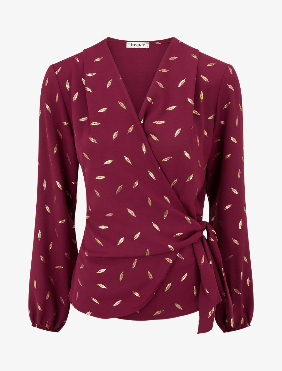 Top stile portafoglio con piume iridescenti - Bordeaux