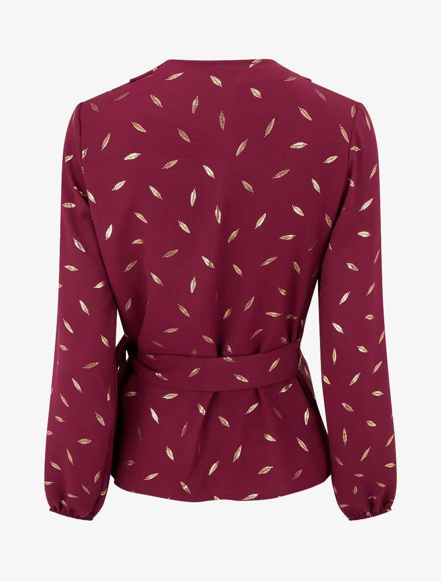 Top stile portafoglio con piume iridescenti - Bordeaux