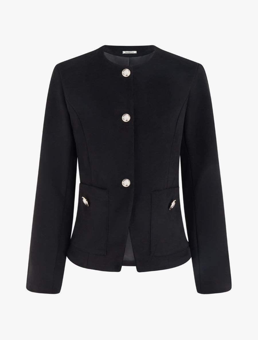 Veste en suédine boutonnée à col rond - Noir - 1