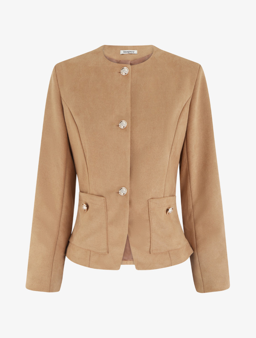 Veste en suédine boutonnée à col rond - Beige - 1
