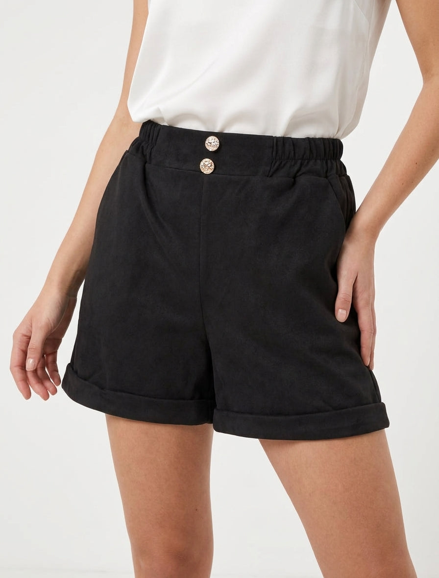 Short in pelle scamosciata con cintura a sacchetto - Nero