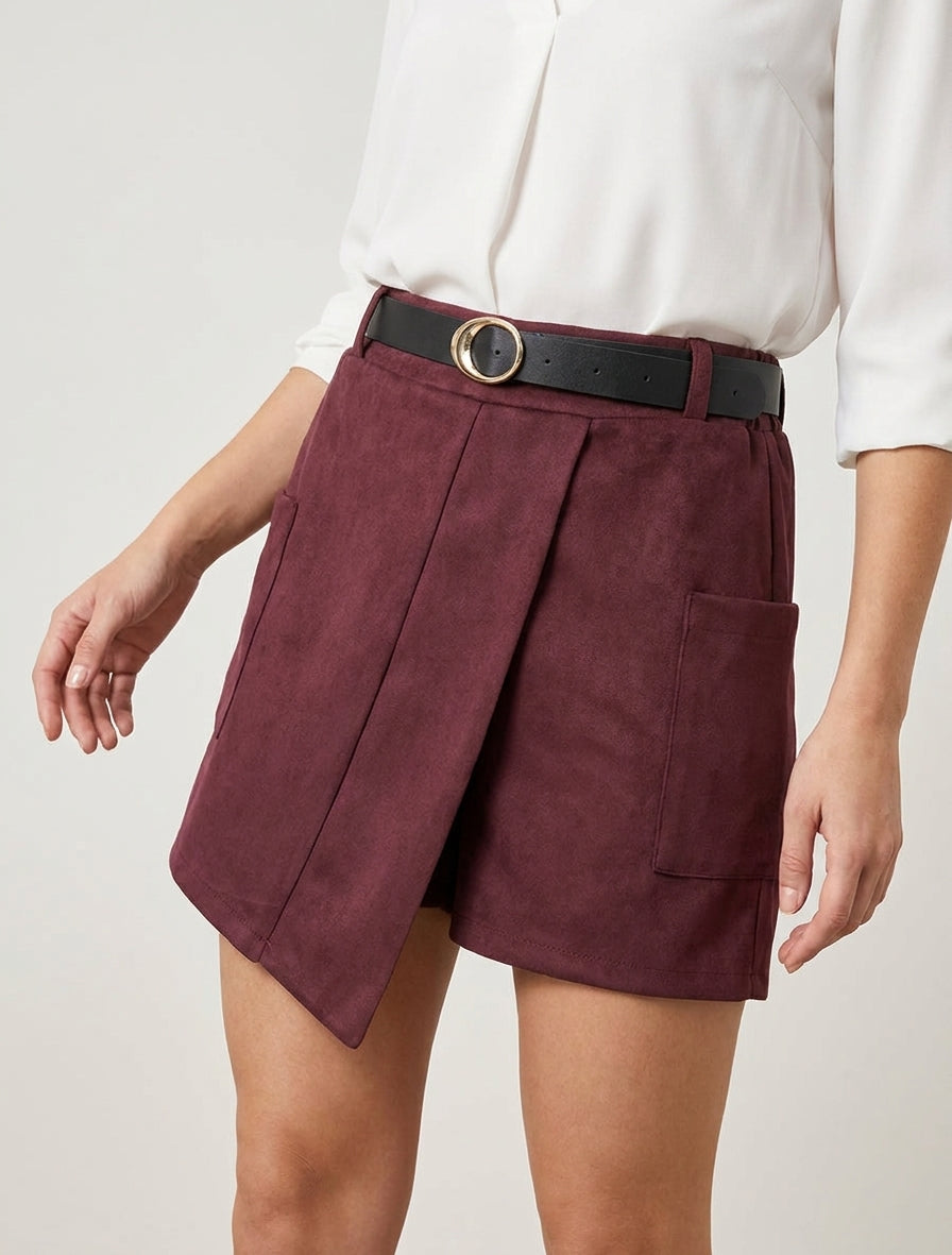 Gonna corta in stile scamosciato con tasche applicate - Feccia di vino