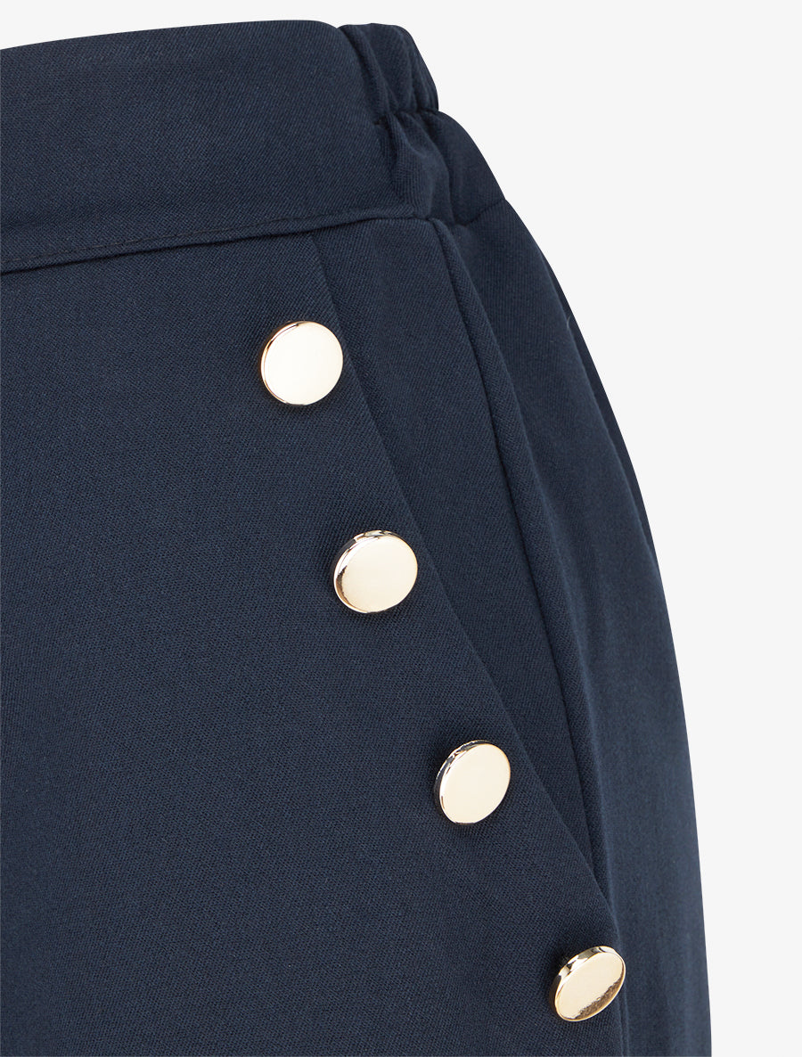 Pantalon taille haute coupe flare à boutons décoratifs dorés - Marine - 3