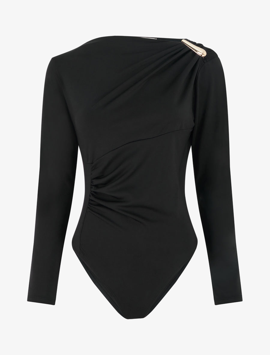 Body satiné à col asymétrique et bijou - Noir - 1