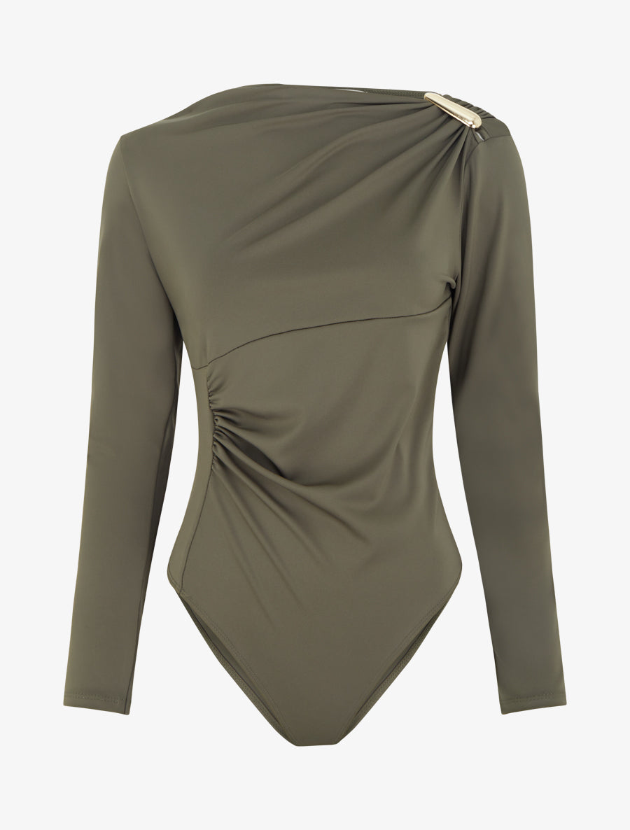 Body satiné à col asymétrique et bijou - Kaki - 1