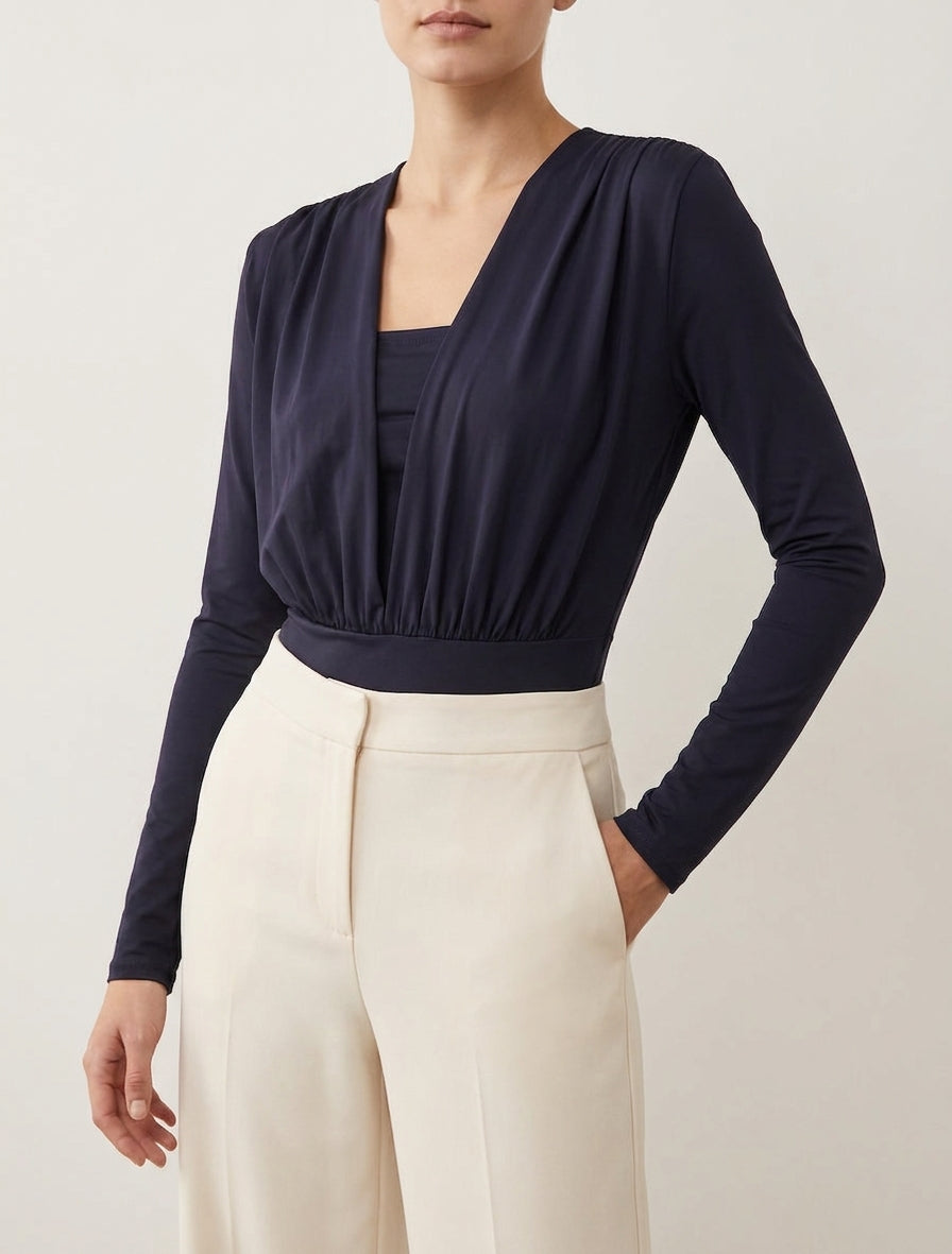 Body a maniche lunghe e scollo a V drappeggiato - Blu notte