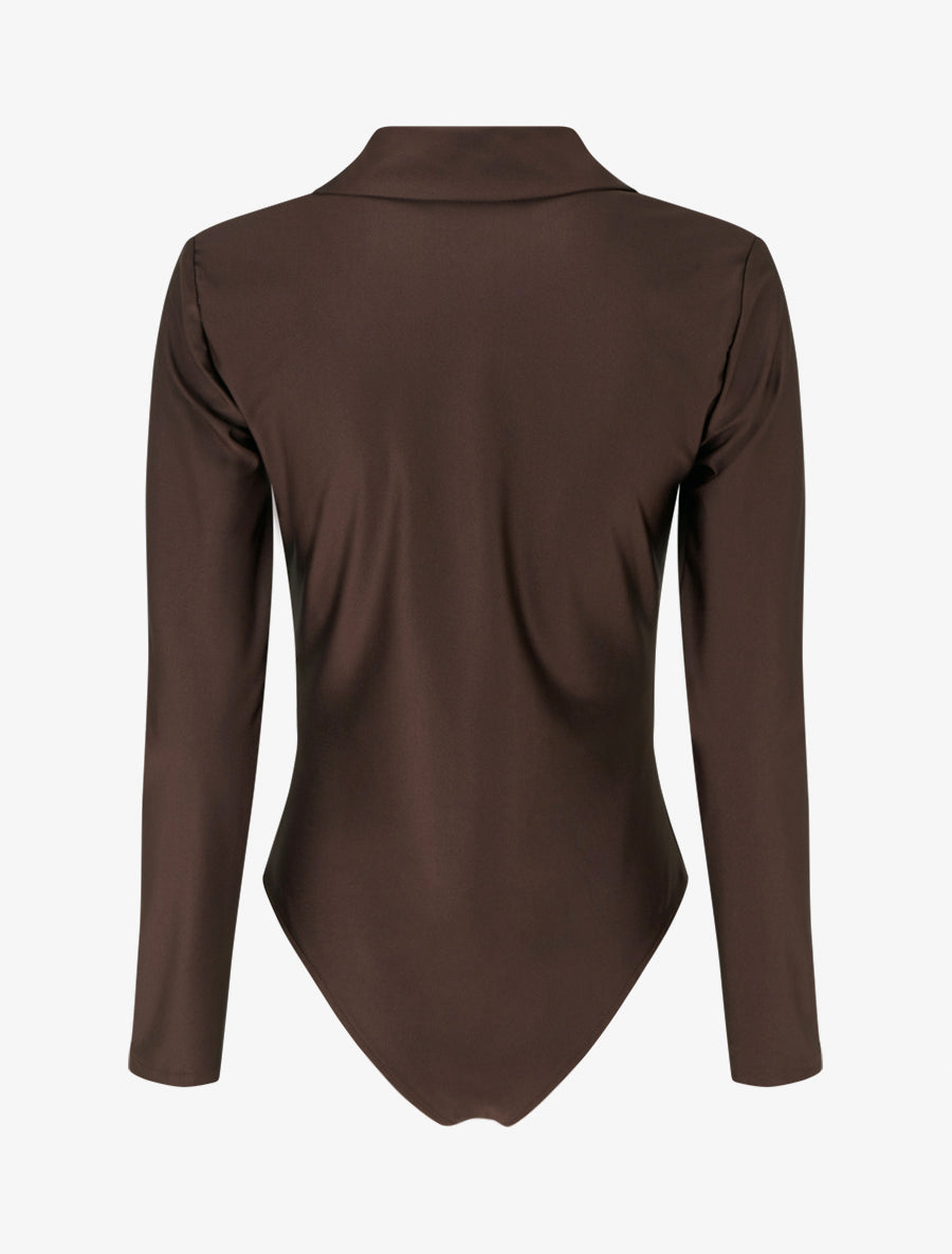 Body satiné style chemise - Marron - 2