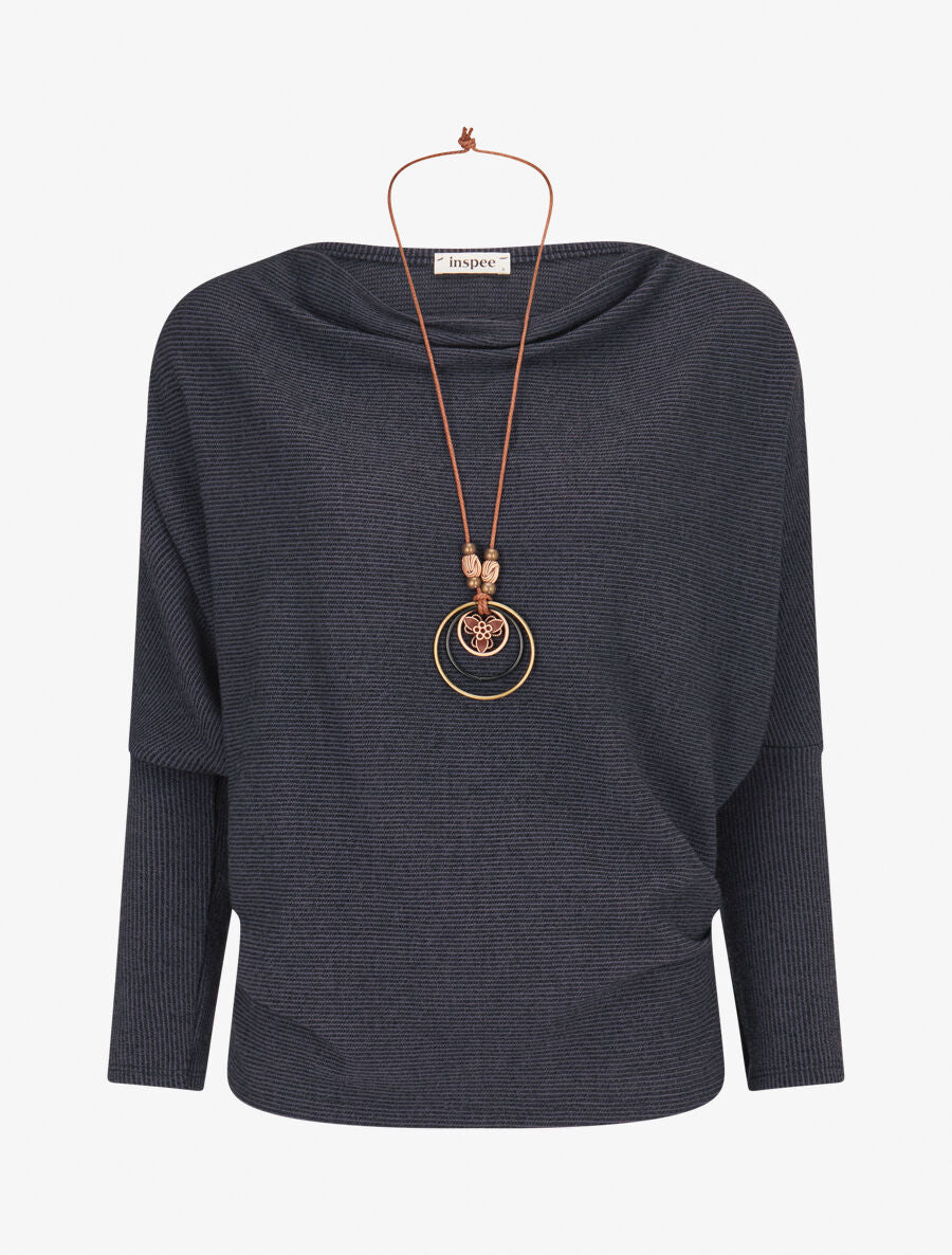Pull côtelé avec sautoir - Marine - 1
