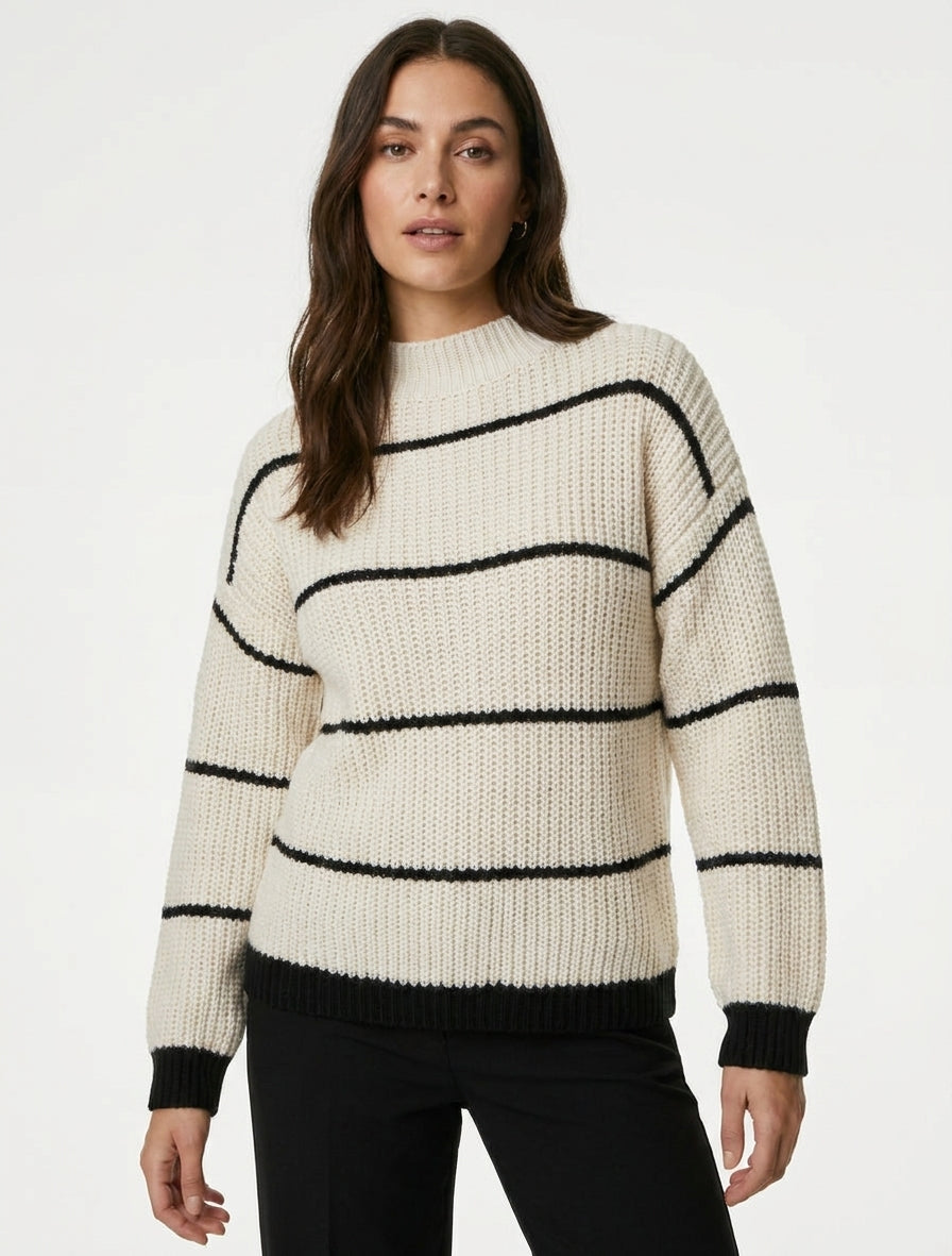 Maglione dritto a collo alto e righe - Ecrù