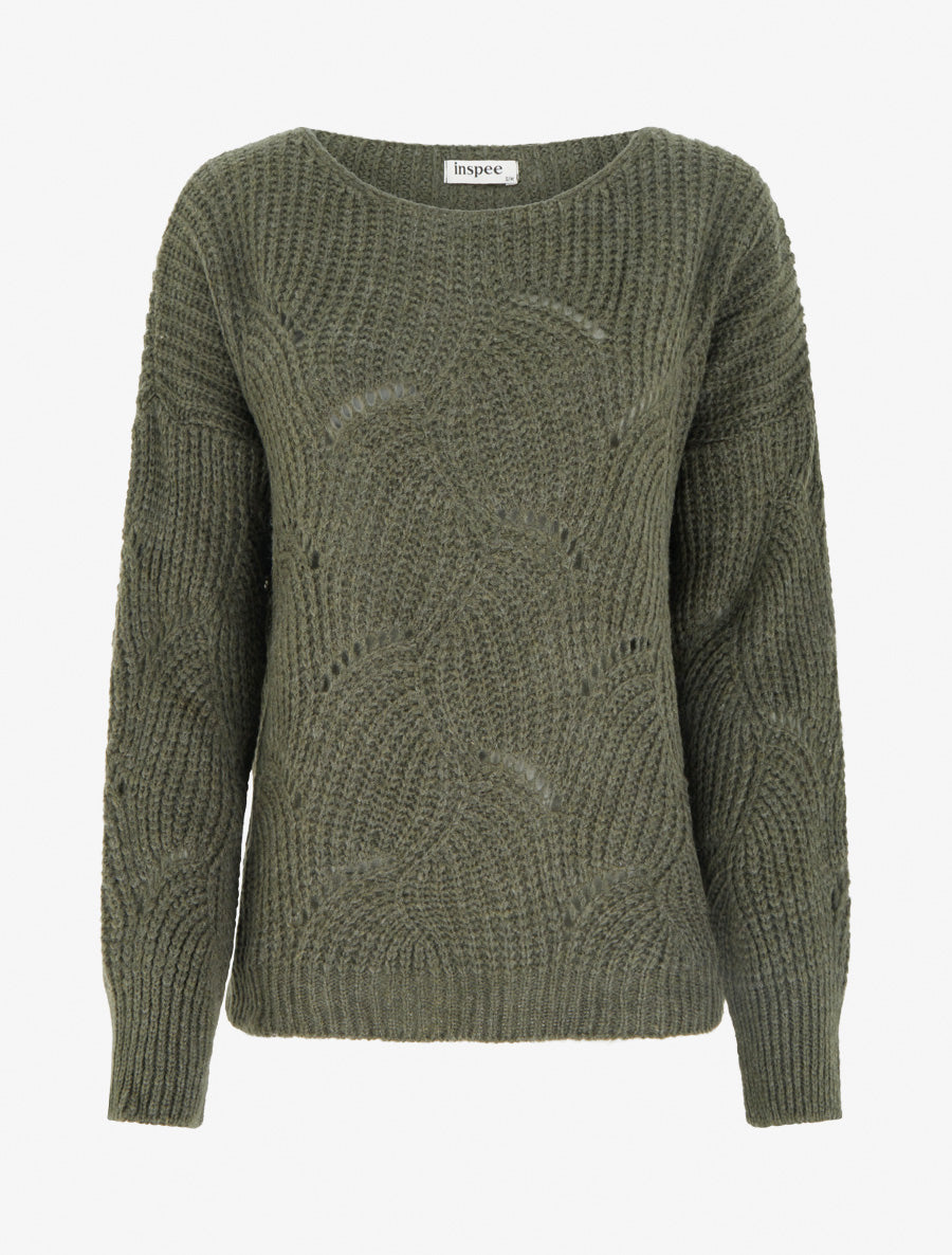 Pull ample en maille fantaisie ajourée - Kaki - 1