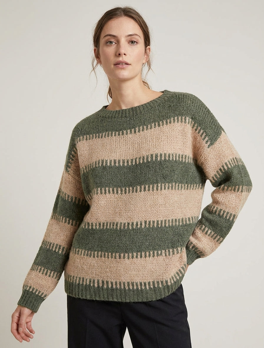Maglione a taglio quadrato a righe fantasia - Cachi