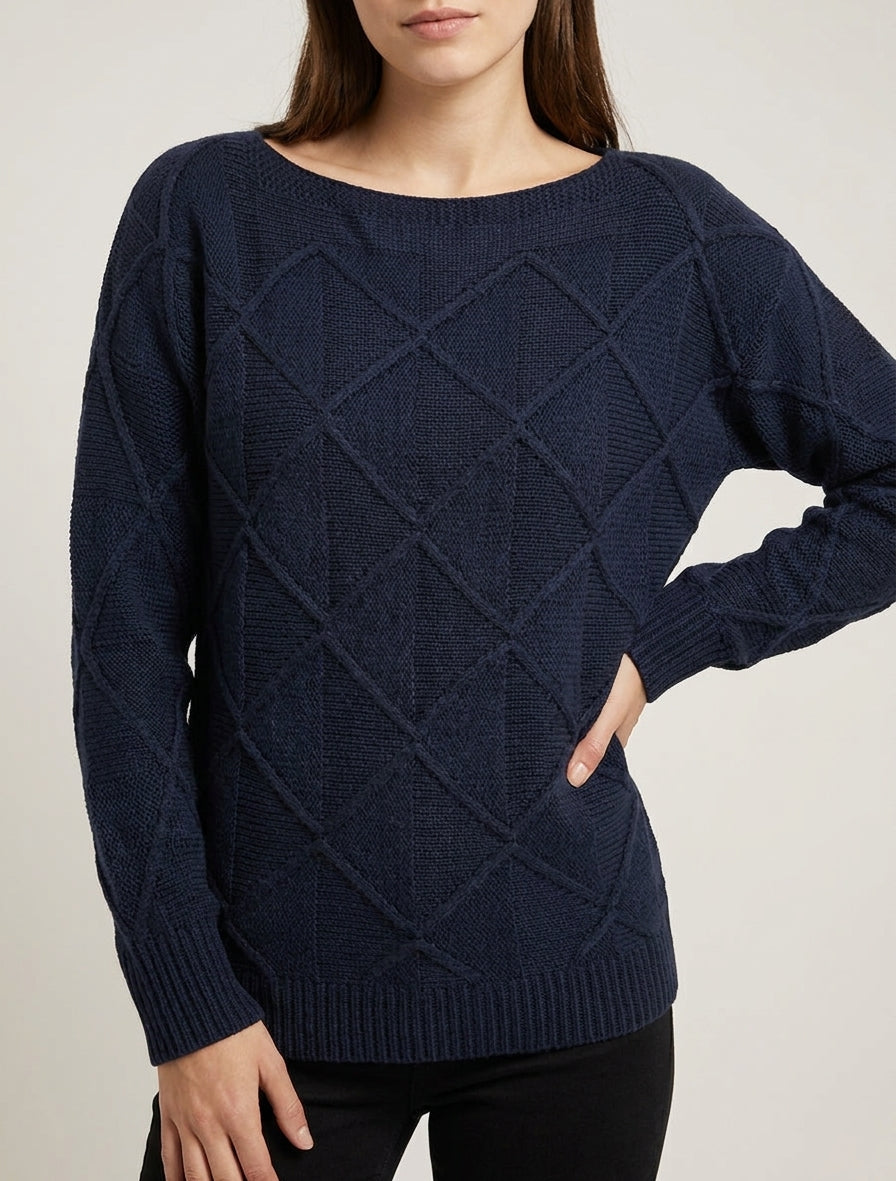 Maglione a collo barca in maglia effetto quadrettato - Marina