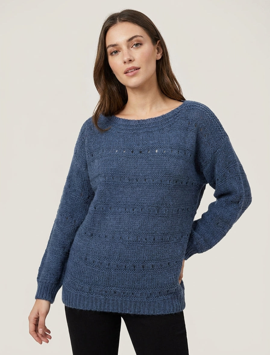 Maglione ampio a collo barca in maglia fantasia - Blu