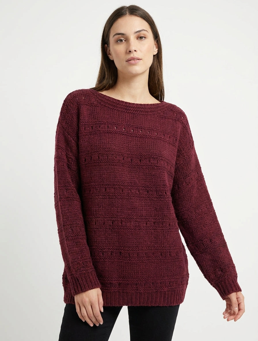 Maglione ampio a collo barca in maglia fantasia - Feccia di vino