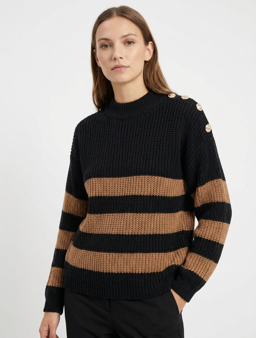 Maglione a righe con bottoni decorativi. - Nero