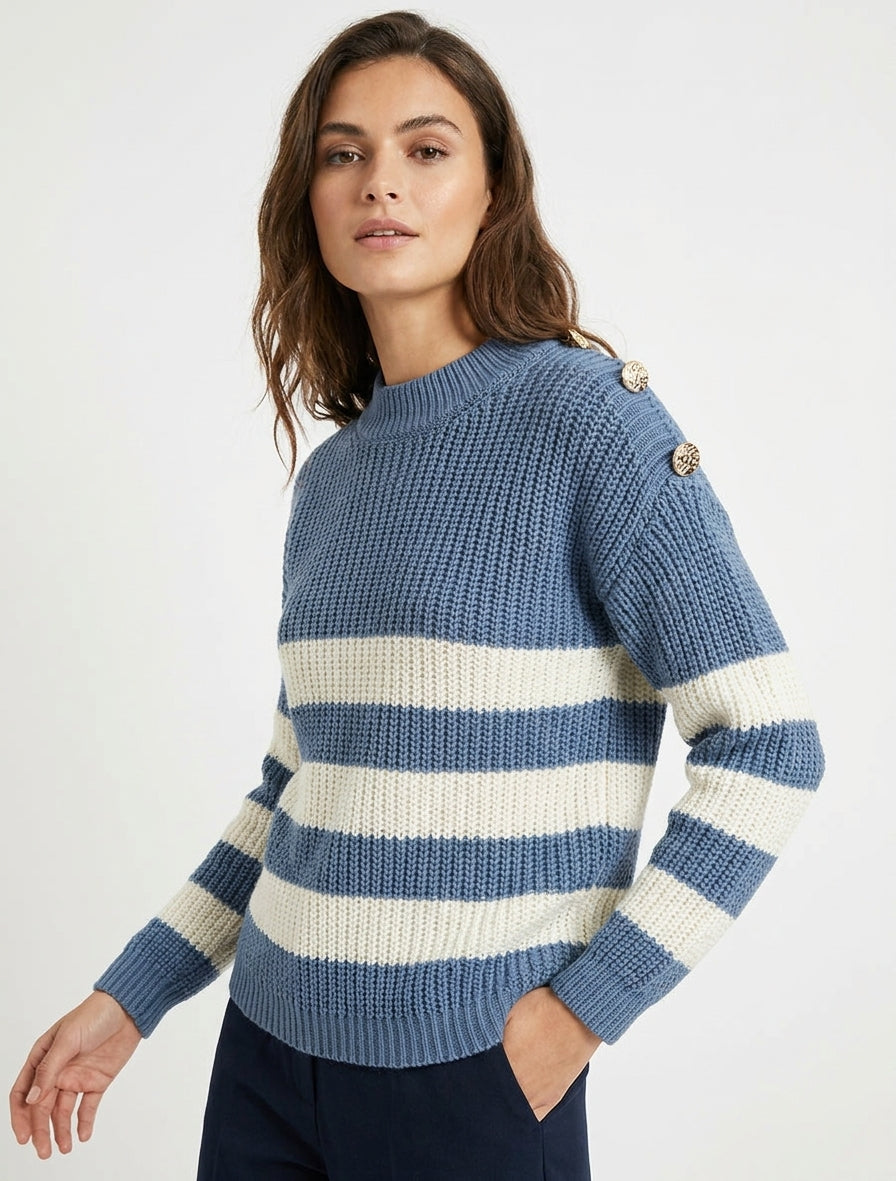 Maglione a righe con bottoni decorativi. - Blu carrozza