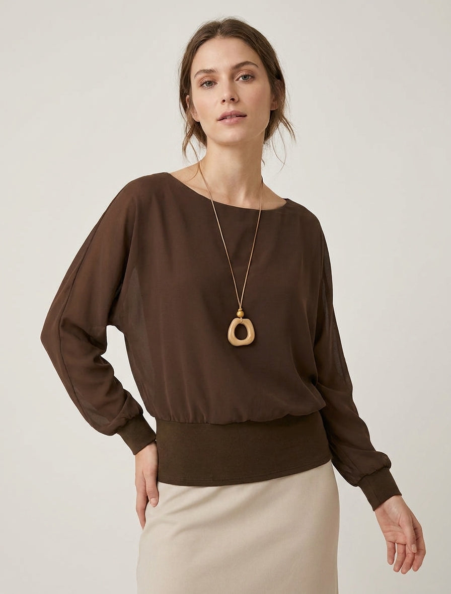 Top in voile a maniche lunghe pipistrello - Marrone