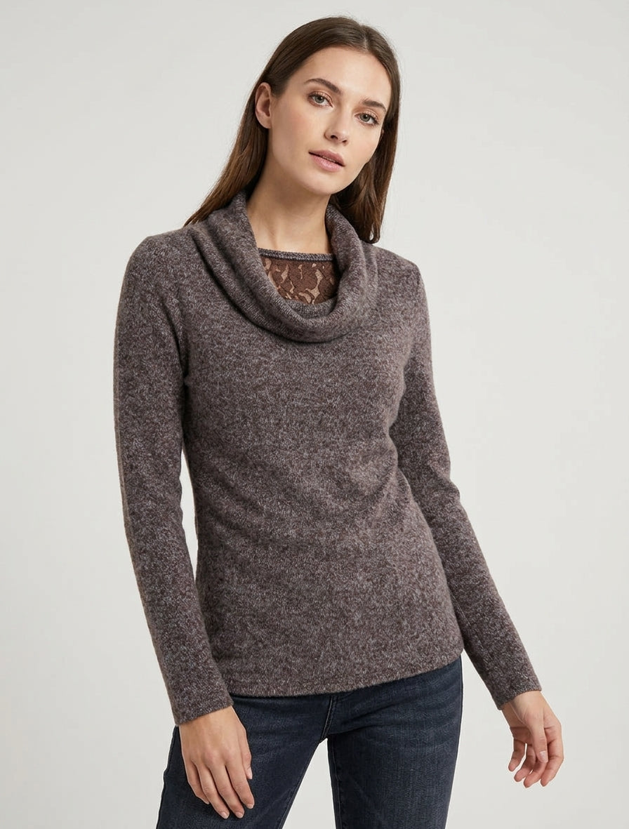 Maglione soffice con collo a cascata e inserto in pizzo - Marrone