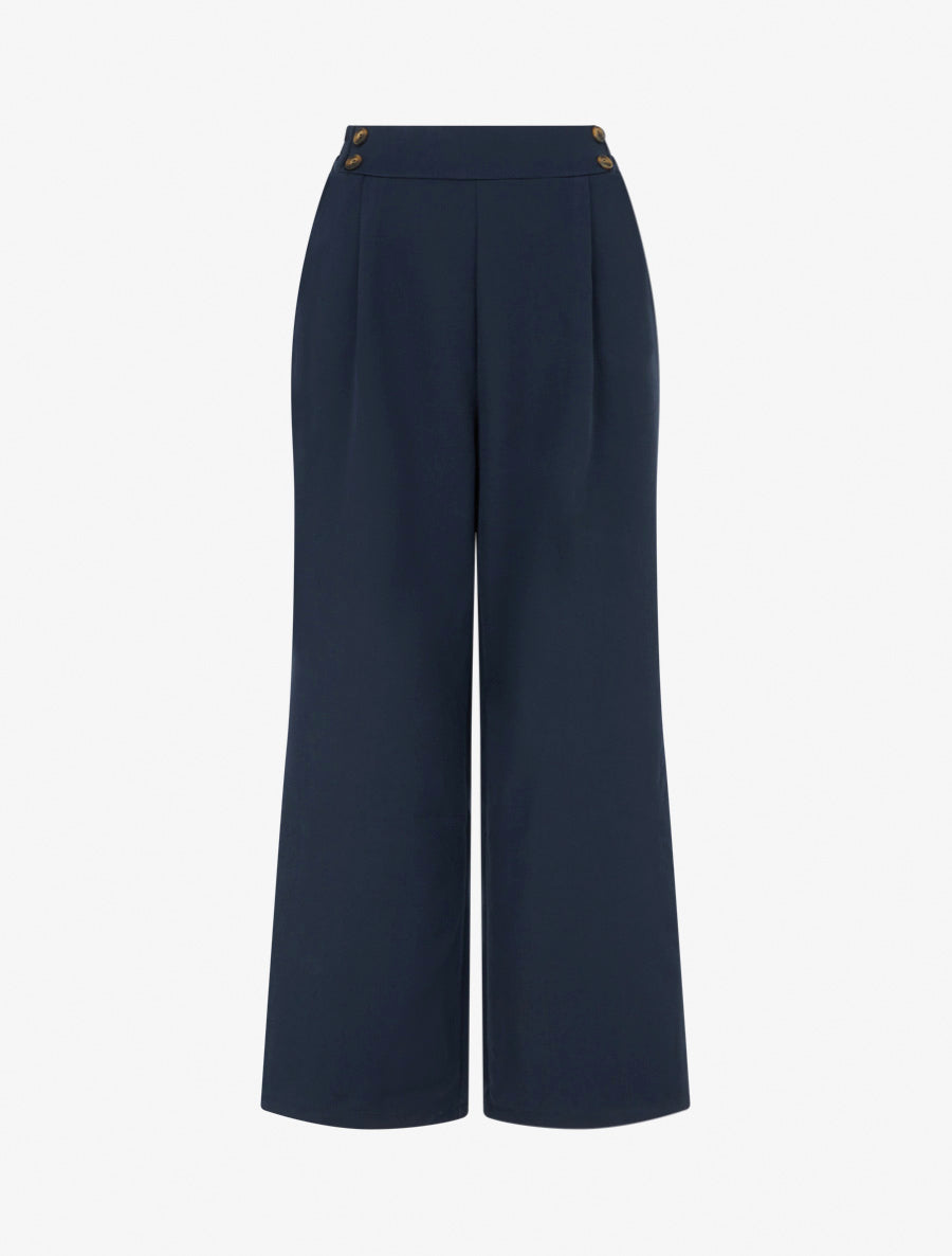 Pantalon ample à taille haute à boutons - Marine - 1