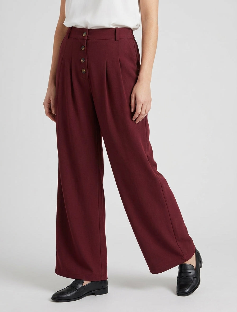 Pantaloni ampi a vita alta con elastico e bottoni. - Bordeaux
