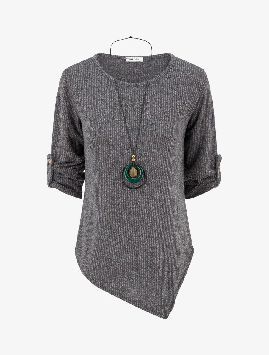 Pull effet côtelé à manches longues retroussables - Gris - 1
