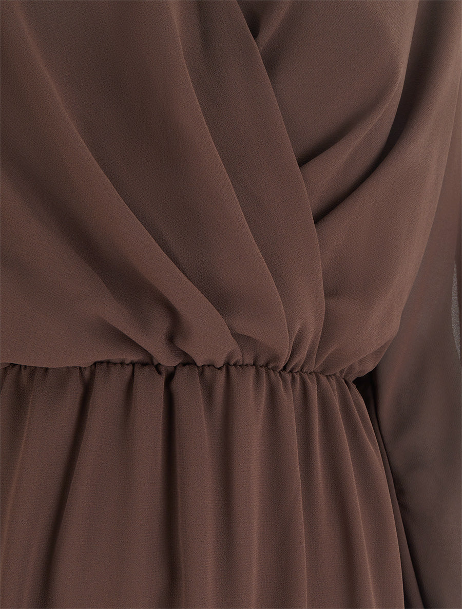 Robe évasée en voile à col cache-coeur - Marron - 3