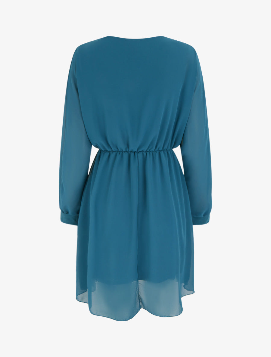 Robe évasée en voile à col cache-coeur - Bleu canard - 2