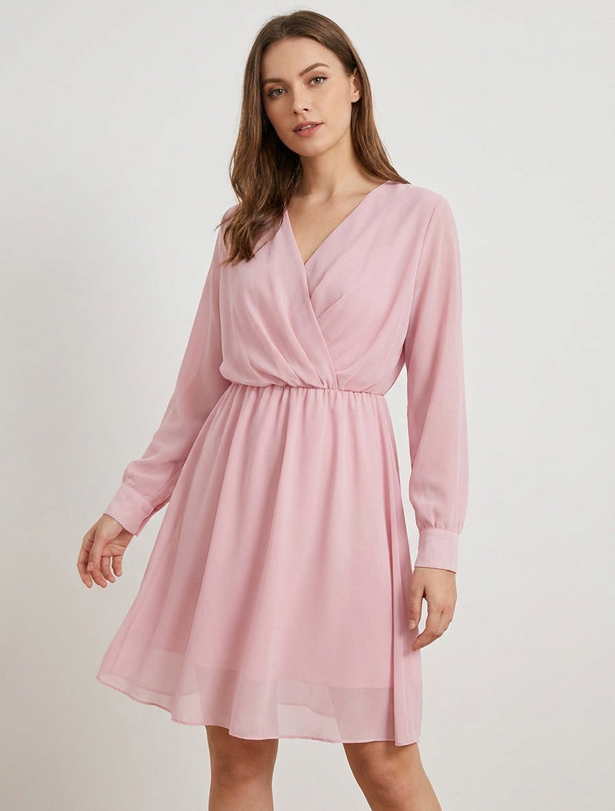 Abito svasato in voile con scollo a portafoglio - Rosa