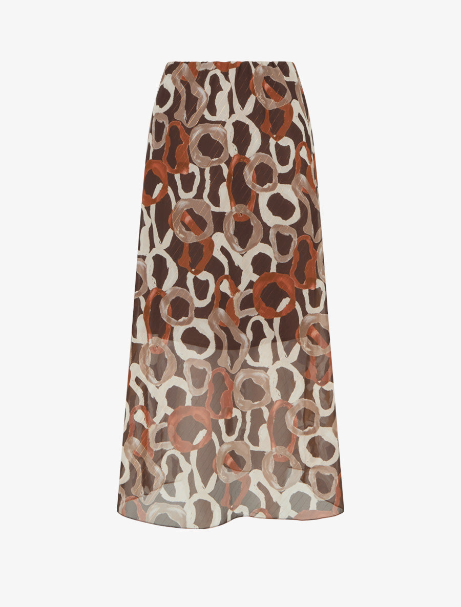 Jupe longue droite voile imprimé cercles fantaisies - Marron - 1