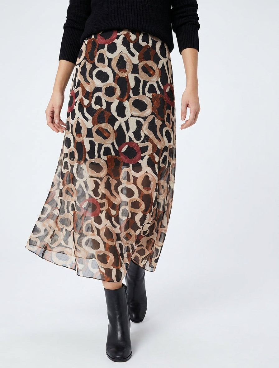 Gonna lunga dritta in voile con stampa cerchi fantasia - Nero