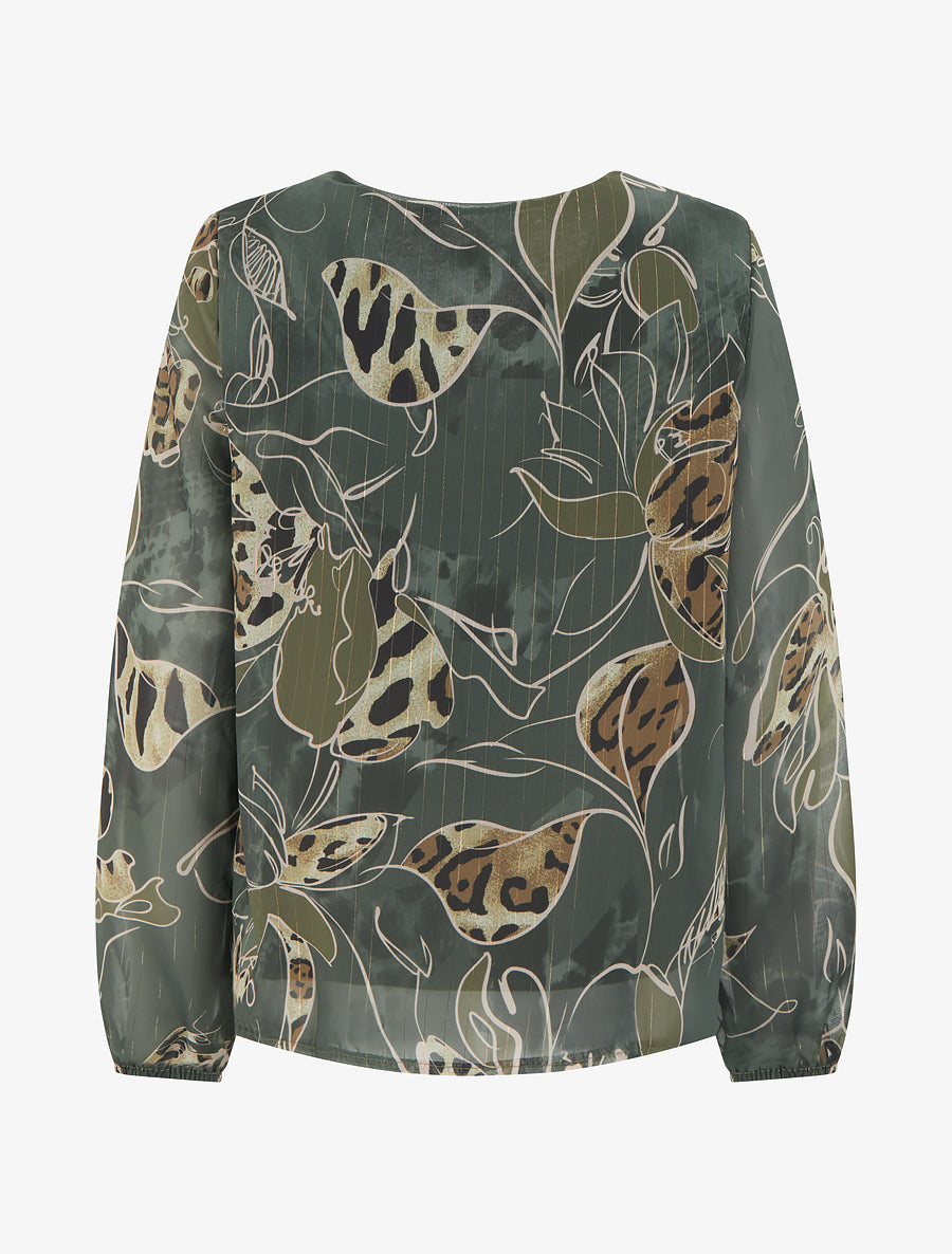 Top droit col volanté et imprimé floral léopard - Kaki - 2